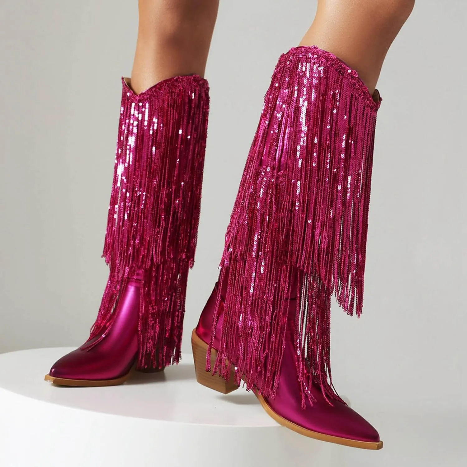 Rhinestone Knee High Boots for Women,Women's Fringe Western Cowboy Boots Metallic Cowgirl Mid-Calf Boots Pointed-Toe Chunky Block Heel Sparkle Fashion Party Boots for Ladies with Tassel