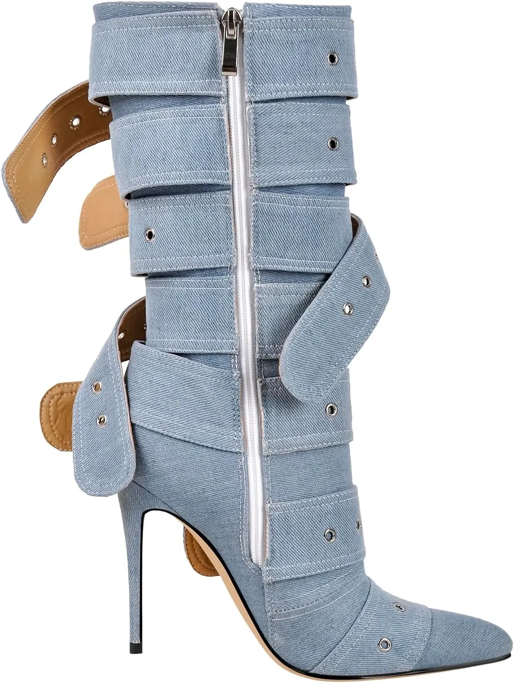 richealnini Sexy Pointed Toe Ankle Boots with Chains and Buckles Side Zip Up Stiletto Heel Mid Calf Booties