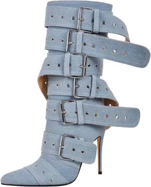 richealnini Sexy Pointed Toe Ankle Boots with Chains and Buckles Side Zip Up Stiletto Heel Mid Calf Booties