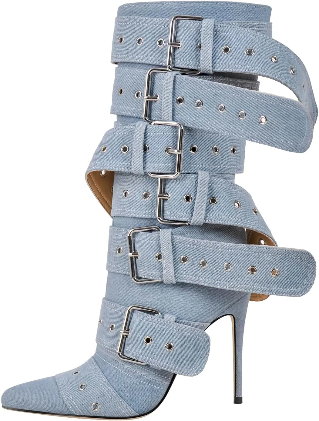 richealnini Sexy Pointed Toe Ankle Boots with Chains and Buckles Side Zip Up Stiletto Heel Mid Calf Booties