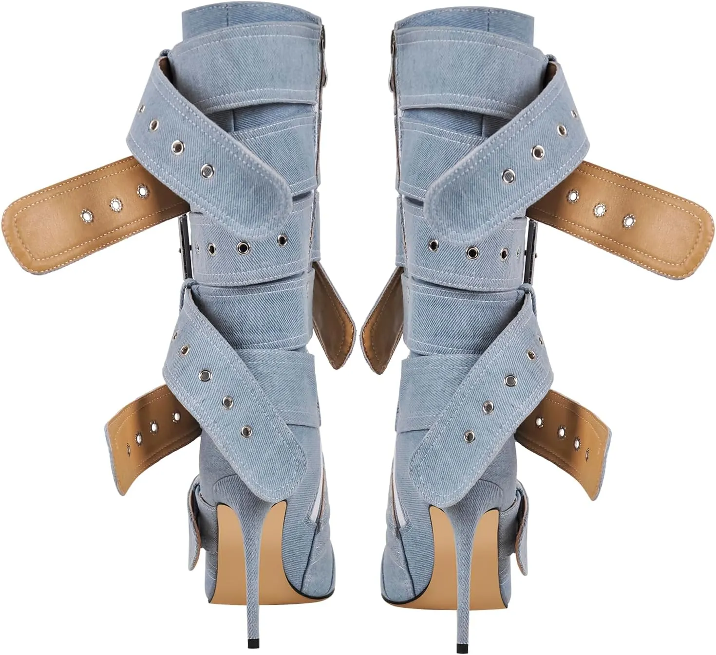 richealnini Sexy Pointed Toe Ankle Boots with Chains and Buckles Side Zip Up Stiletto Heel Mid Calf Booties