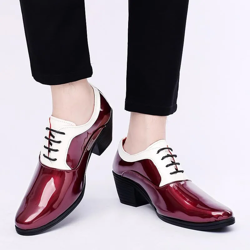 Santimon Men's Contrast Patent Leather Cuban Heel Oxfords Shoes for Wedding Dress Lace-up Shoes