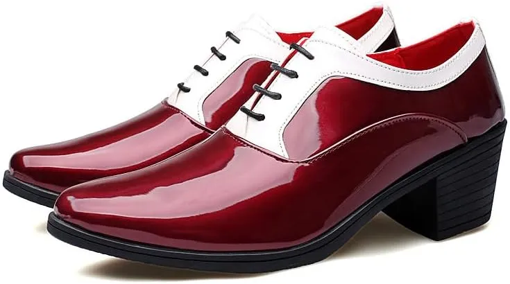 Santimon Men's Contrast Patent Leather Cuban Heel Oxfords Shoes for Wedding Dress Lace-up Shoes