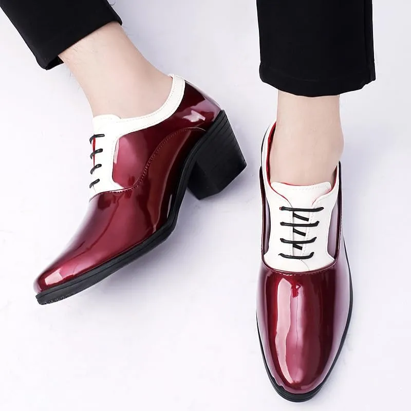 Santimon Men's Contrast Patent Leather Cuban Heel Oxfords Shoes for Wedding Dress Lace-up Shoes