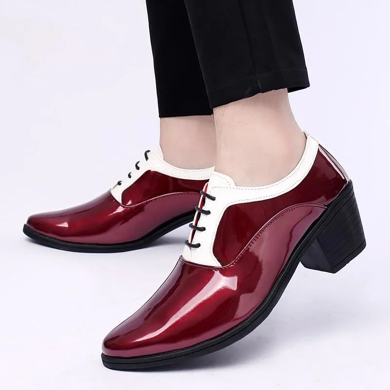 Santimon Men's Contrast Patent Leather Cuban Heel Oxfords Shoes for Wedding Dress Lace-up Shoes