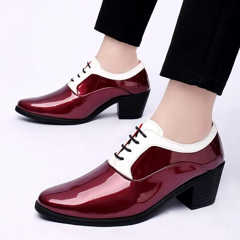 Santimon Men's Contrast Patent Leather Cuban Heel Oxfords Shoes for Wedding Dress Lace-up Shoes