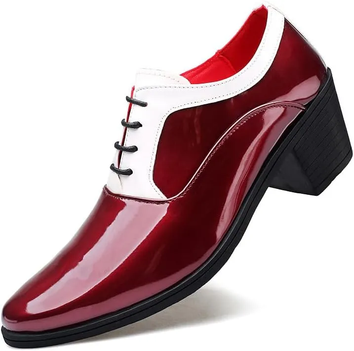 Santimon Men's Contrast Patent Leather Cuban Heel Oxfords Shoes for Wedding Dress Lace-up Shoes