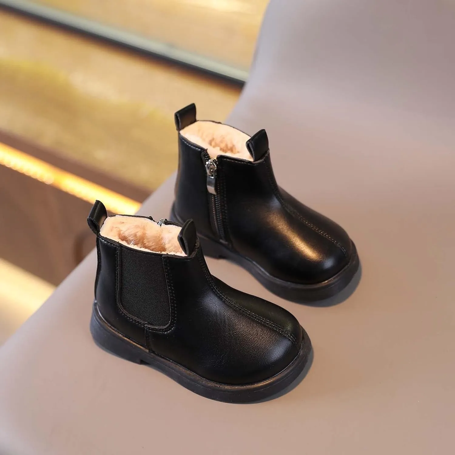 sfdgfhyf Autumn Boots Little Kid Toddler Boots Boys Girls Waterpoor Ankle Boots Side Zipper Booties Fleece Windproof