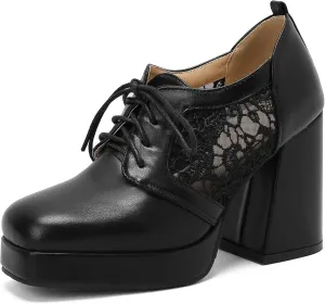SHEMEE Women's Chunky High Heels Square Toe Oxfords Pumps Platform Lace Up Block Heeled Booties Office Dress Shoes