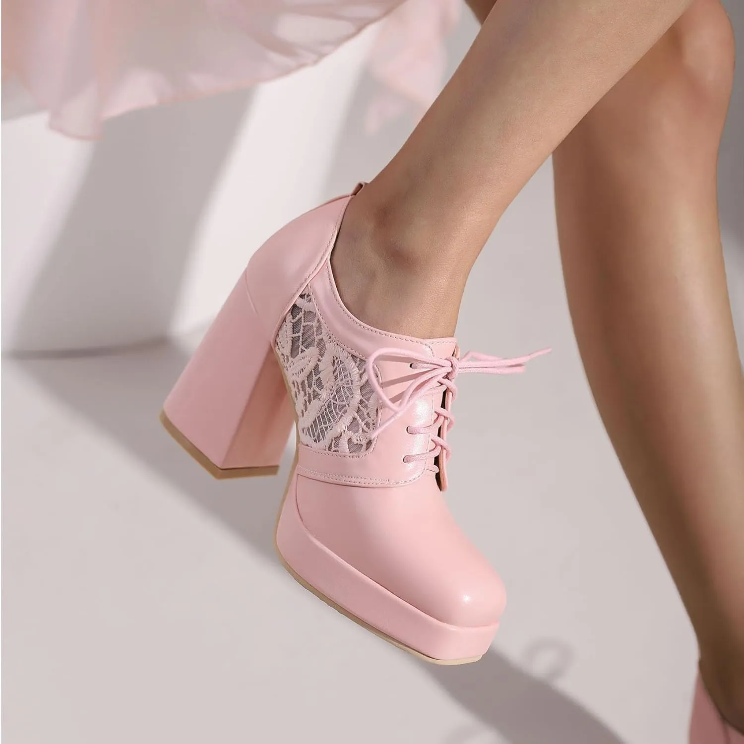 SHEMEE Women's Chunky High Heels Square Toe Oxfords Pumps Platform Lace Up Block Heeled Booties Office Dress Shoes