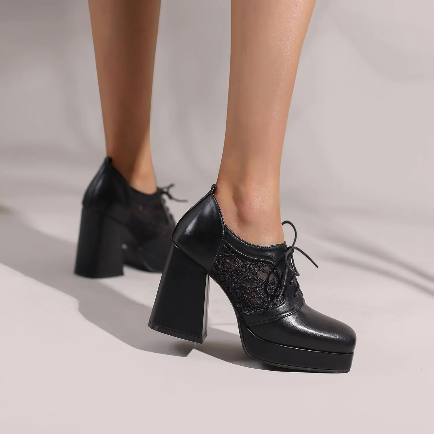 SHEMEE Women's Chunky High Heels Square Toe Oxfords Pumps Platform Lace Up Block Heeled Booties Office Dress Shoes