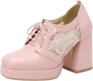 SHEMEE Women's Chunky High Heels Square Toe Oxfords Pumps Platform Lace Up Block Heeled Booties Office Dress Shoes