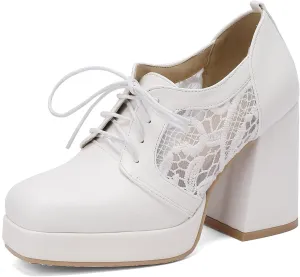 SHEMEE Women's Chunky High Heels Square Toe Oxfords Pumps Platform Lace Up Block Heeled Booties Office Dress Shoes