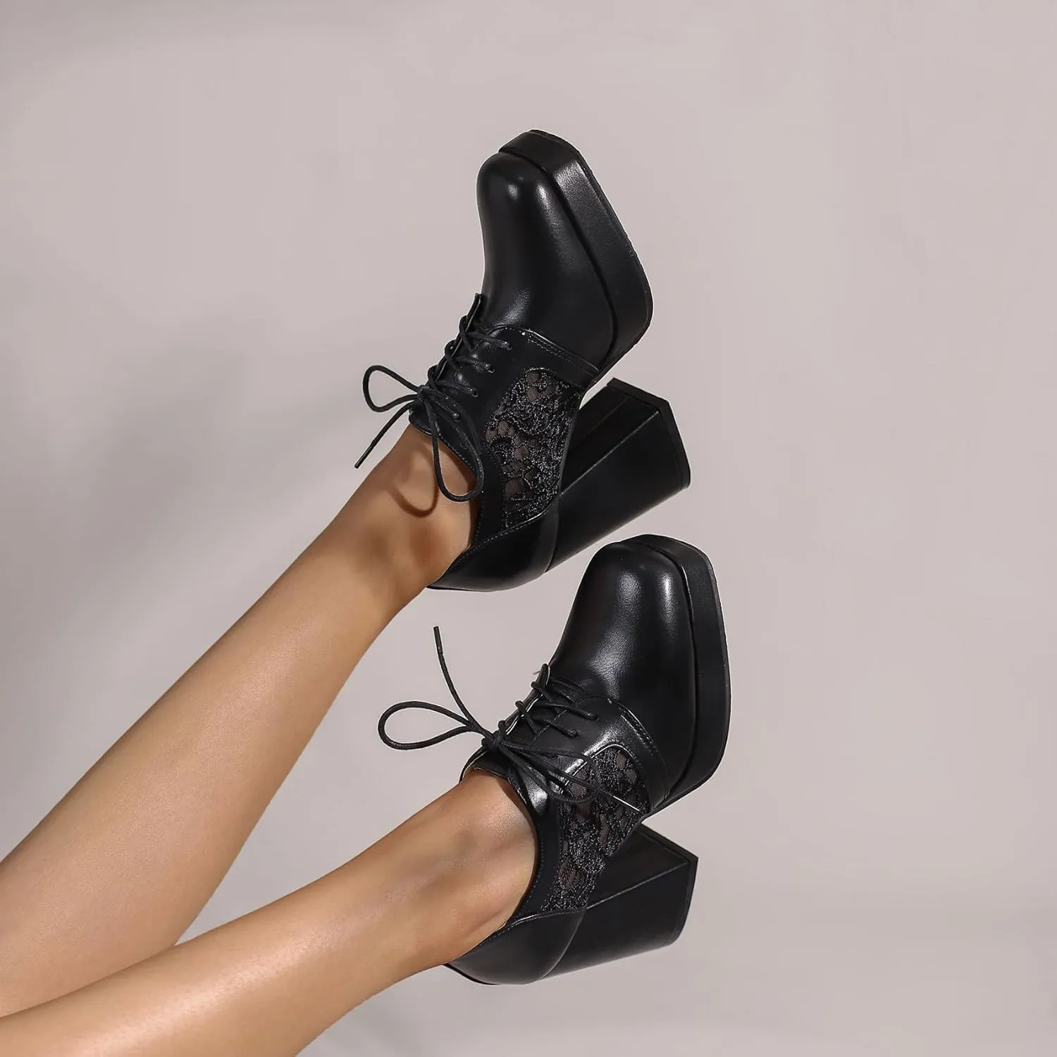 SHEMEE Women's Chunky High Heels Square Toe Oxfords Pumps Platform Lace Up Block Heeled Booties Office Dress Shoes