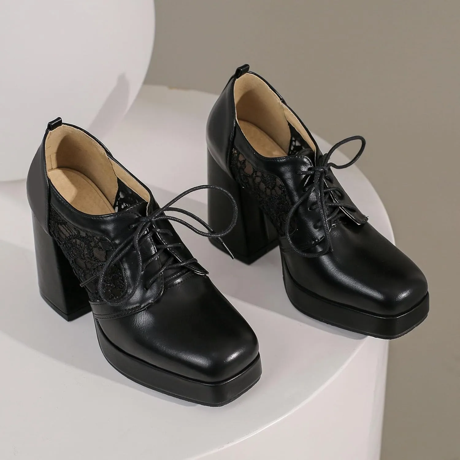 SHEMEE Women's Chunky High Heels Square Toe Oxfords Pumps Platform Lace Up Block Heeled Booties Office Dress Shoes