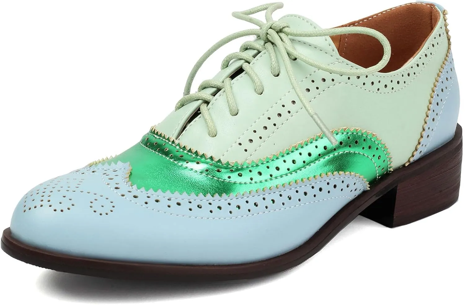 SHEMEE Women's Chunky Low Heels Oxfords Saddle Shoes Creeper Vintage Wingtip Brogues Perforated Flats Lace Up Pumps
