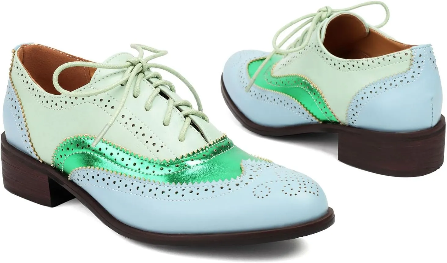 SHEMEE Women's Chunky Low Heels Oxfords Saddle Shoes Creeper Vintage Wingtip Brogues Perforated Flats Lace Up Pumps