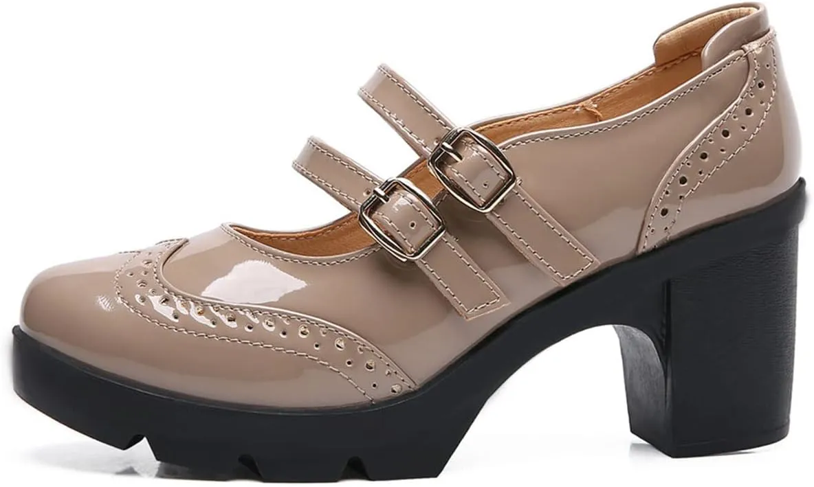 SHEMEE Women's Chunky Platform Patent Leather Mary Janes Pumps Buckle Ankle Strap Block High Heels Wingtip Oxfords Dress Shoes Uniform