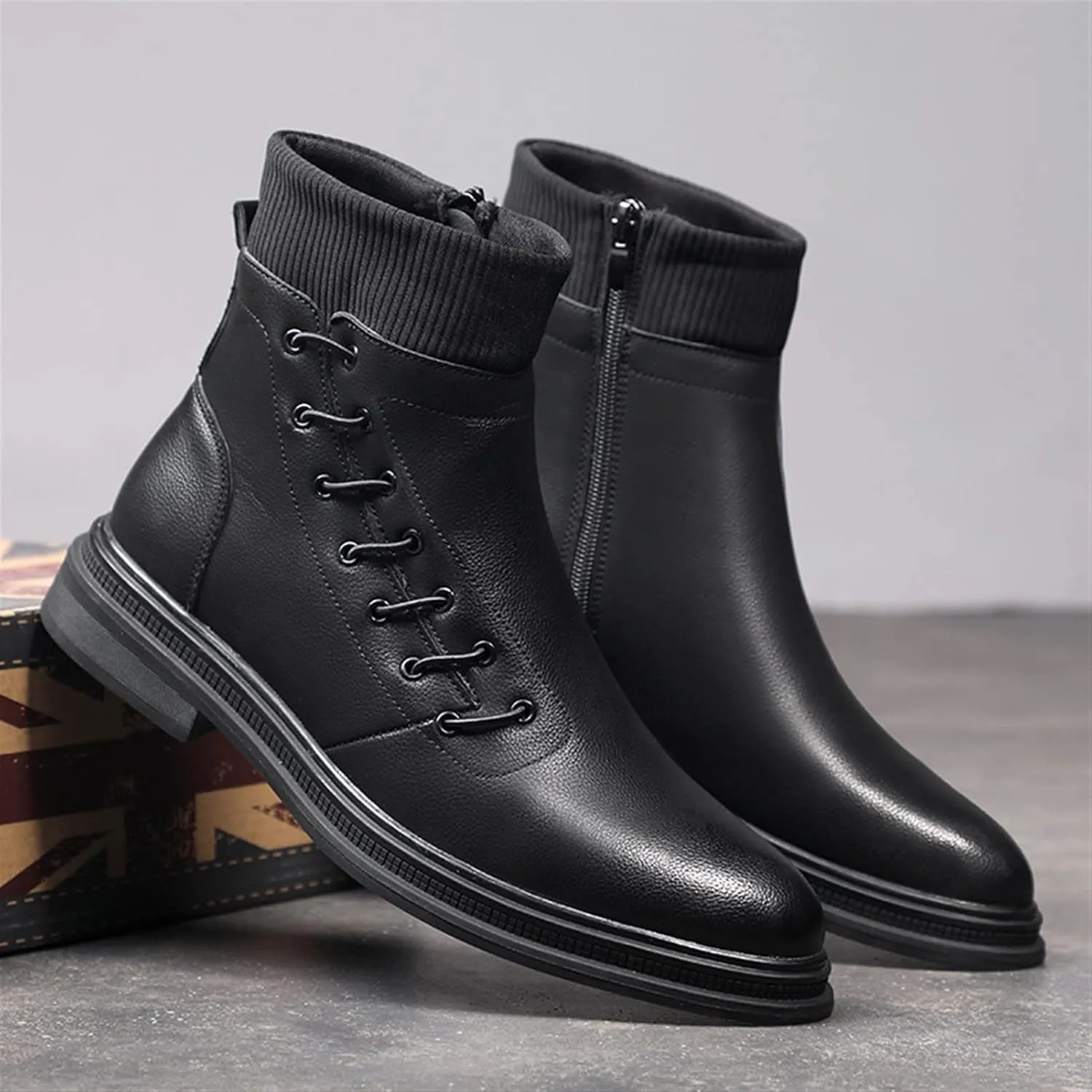 Single Season Men's Round Toe Ankle Boots Side Lace Elastic Bandage Side Zipper Leather Anti-Slip Wear Resistant Waterproof Anti-Slip Very Popular Among Young People