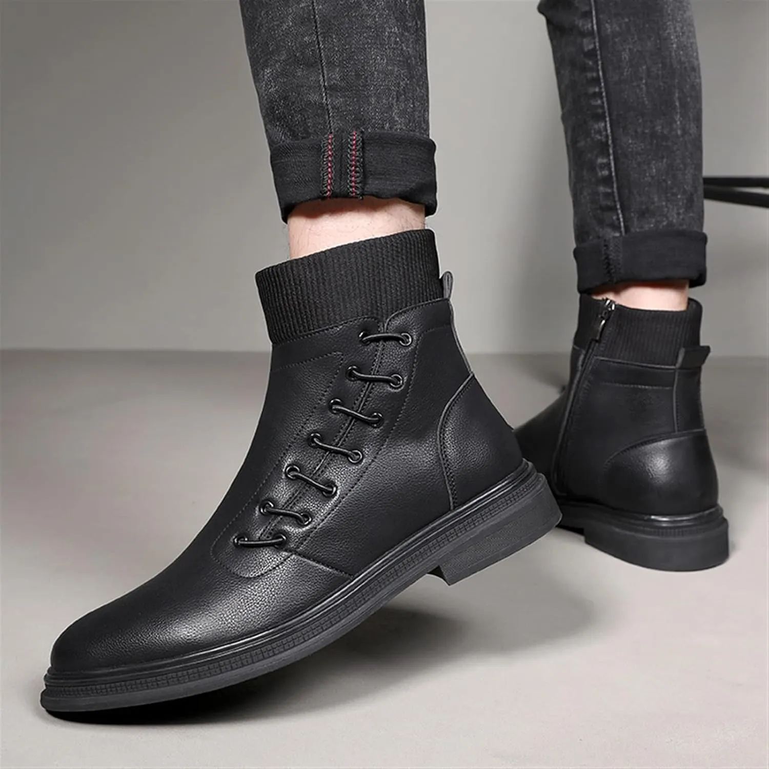 Single Season Men's Round Toe Ankle Boots Side Lace Elastic Bandage Side Zipper Leather Anti-Slip Wear Resistant Waterproof Anti-Slip Very Popular Among Young People