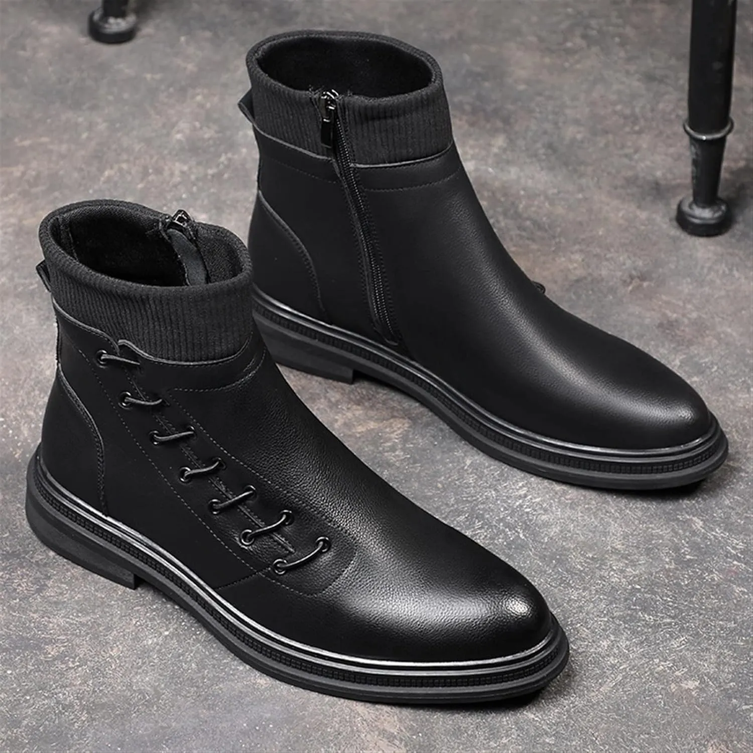 Single Season Men's Round Toe Ankle Boots Side Lace Elastic Bandage Side Zipper Leather Anti-Slip Wear Resistant Waterproof Anti-Slip Very Popular Among Young People