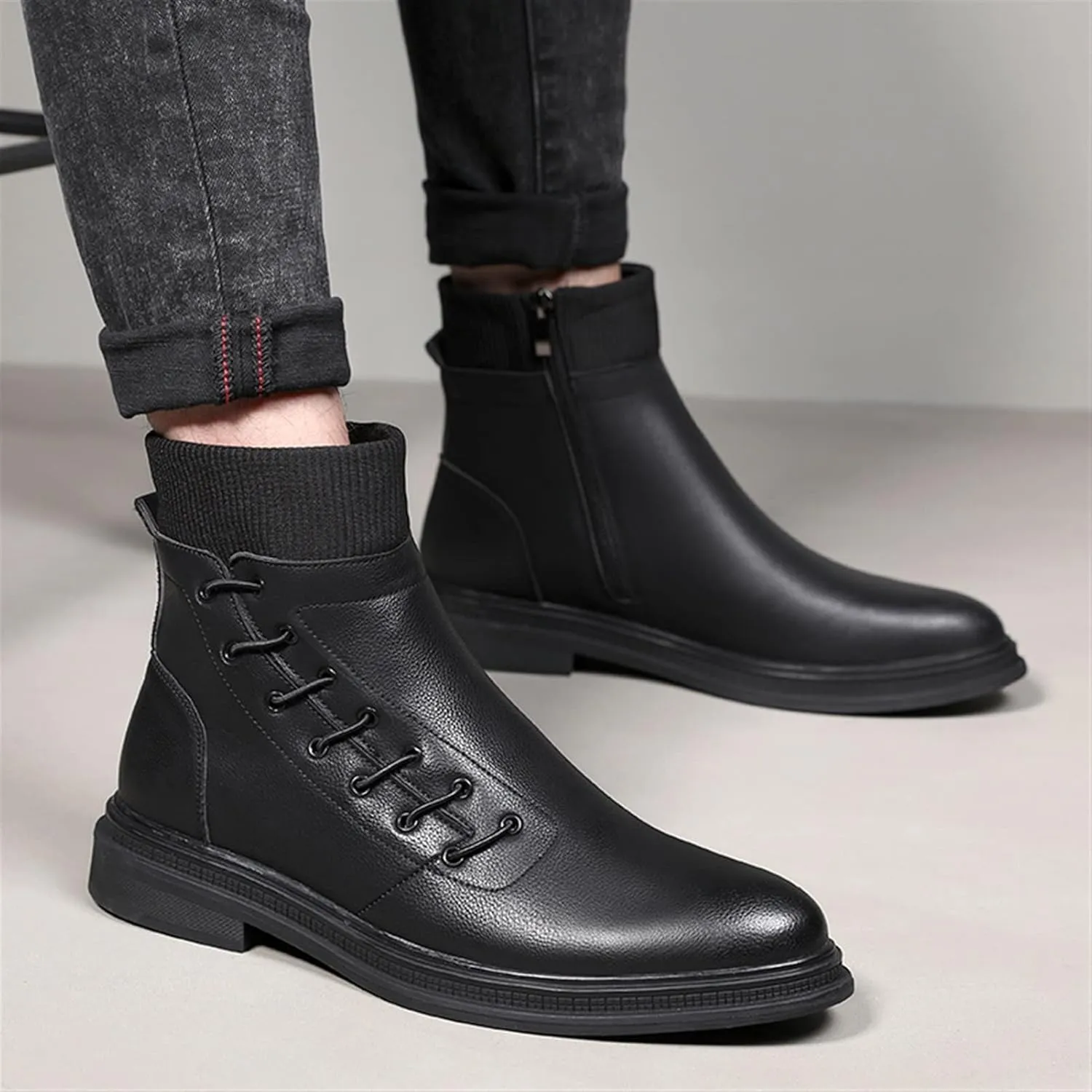 Single Season Men's Round Toe Ankle Boots Side Lace Elastic Bandage Side Zipper Leather Anti-Slip Wear Resistant Waterproof Anti-Slip Very Popular Among Young People
