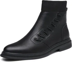 Single Season Men's Round Toe Ankle Boots Side Lace Elastic Bandage Side Zipper Leather Anti-Slip Wear Resistant Waterproof Anti-Slip Very Popular Among Young People