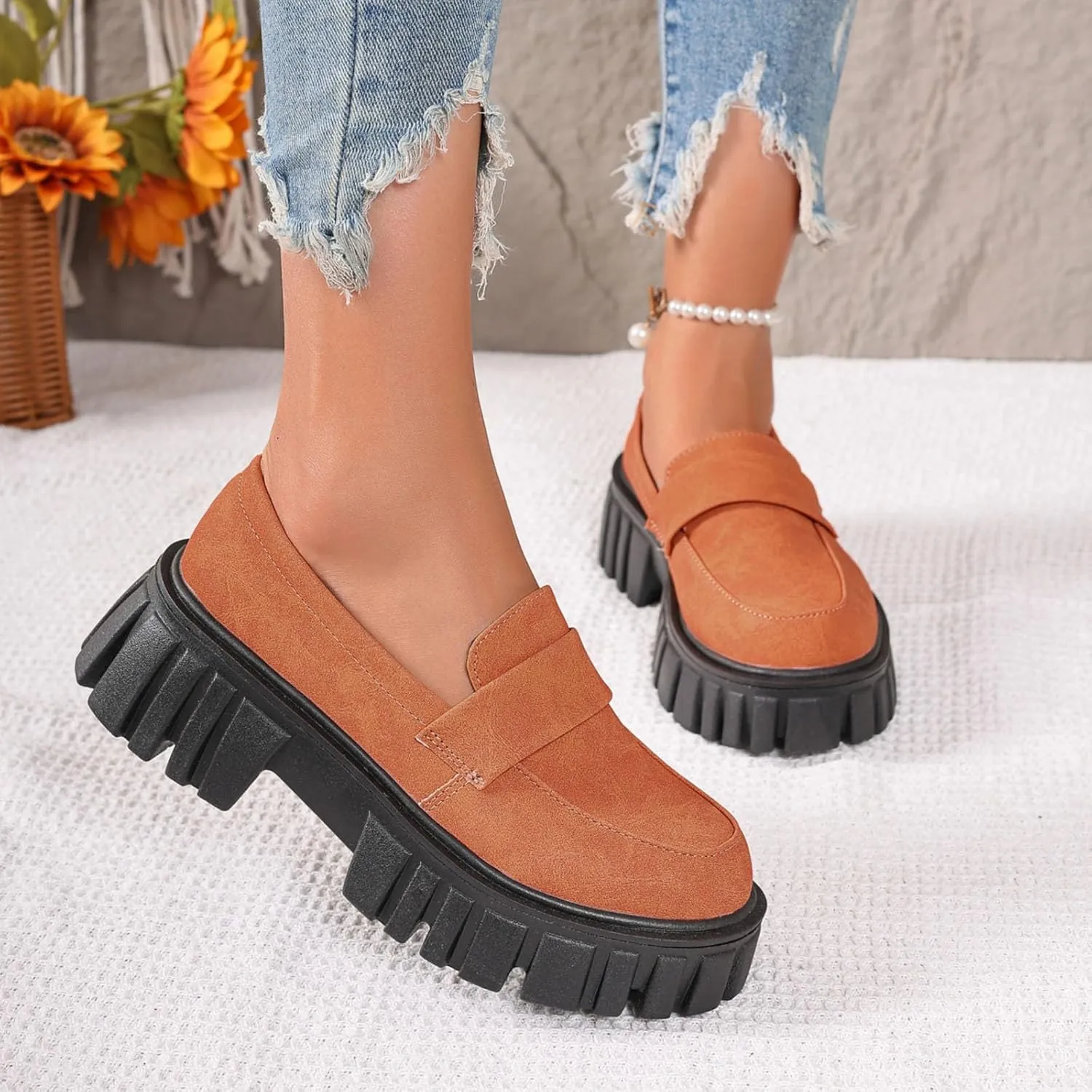 Slip-On Loafers for Women Leather Work Shoe Chunky Business Shoe Comfortable Dress Shoes Casual Platform Shoes