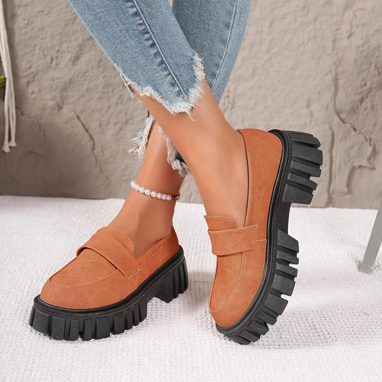 Slip-On Loafers for Women Leather Work Shoe Chunky Business Shoe Comfortable Dress Shoes Casual Platform Shoes