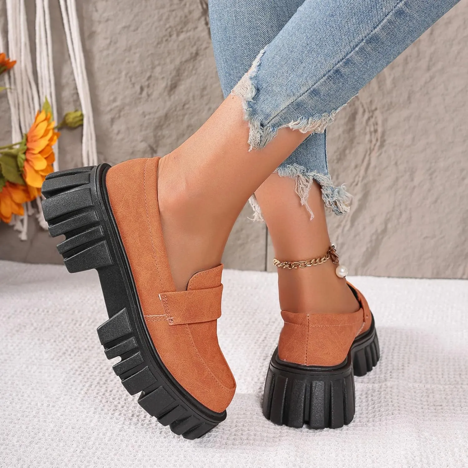 Slip-On Loafers for Women Leather Work Shoe Chunky Business Shoe Comfortable Dress Shoes Casual Platform Shoes