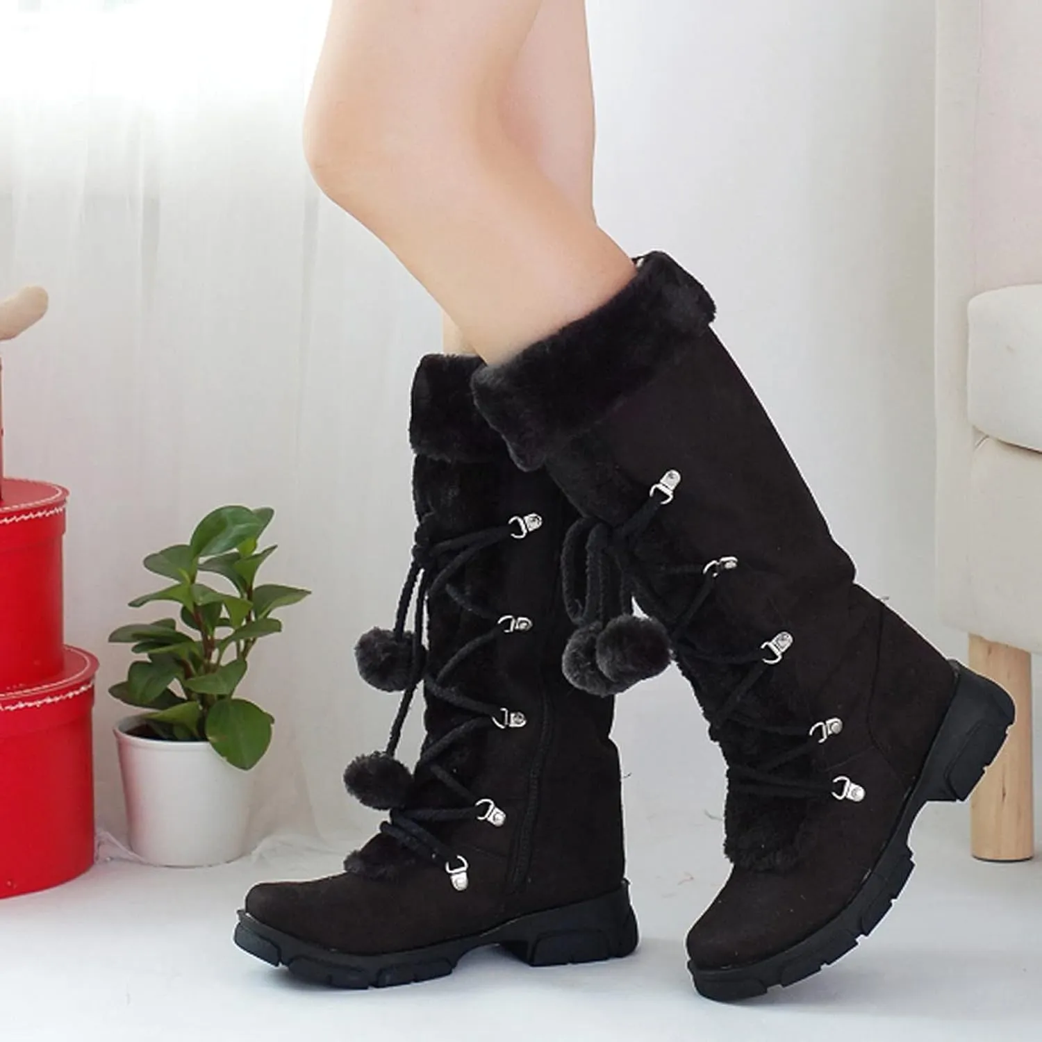 Snow Boots for Women, Mid Calf Warm Insulated Faux Fur Lined Waterproof Lace Up Snow Boots Warm Fur Lined Winter Water-Resistan Ankle Booties Zipper Anti-Slip Boots
