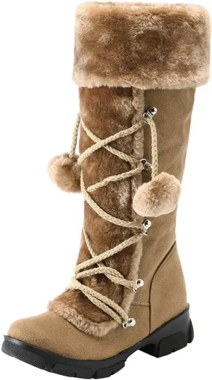 Snow Boots for Women, Mid Calf Warm Insulated Faux Fur Lined Waterproof Lace Up Snow Boots Warm Fur Lined Winter Water-Resistan Ankle Booties Zipper Anti-Slip Boots