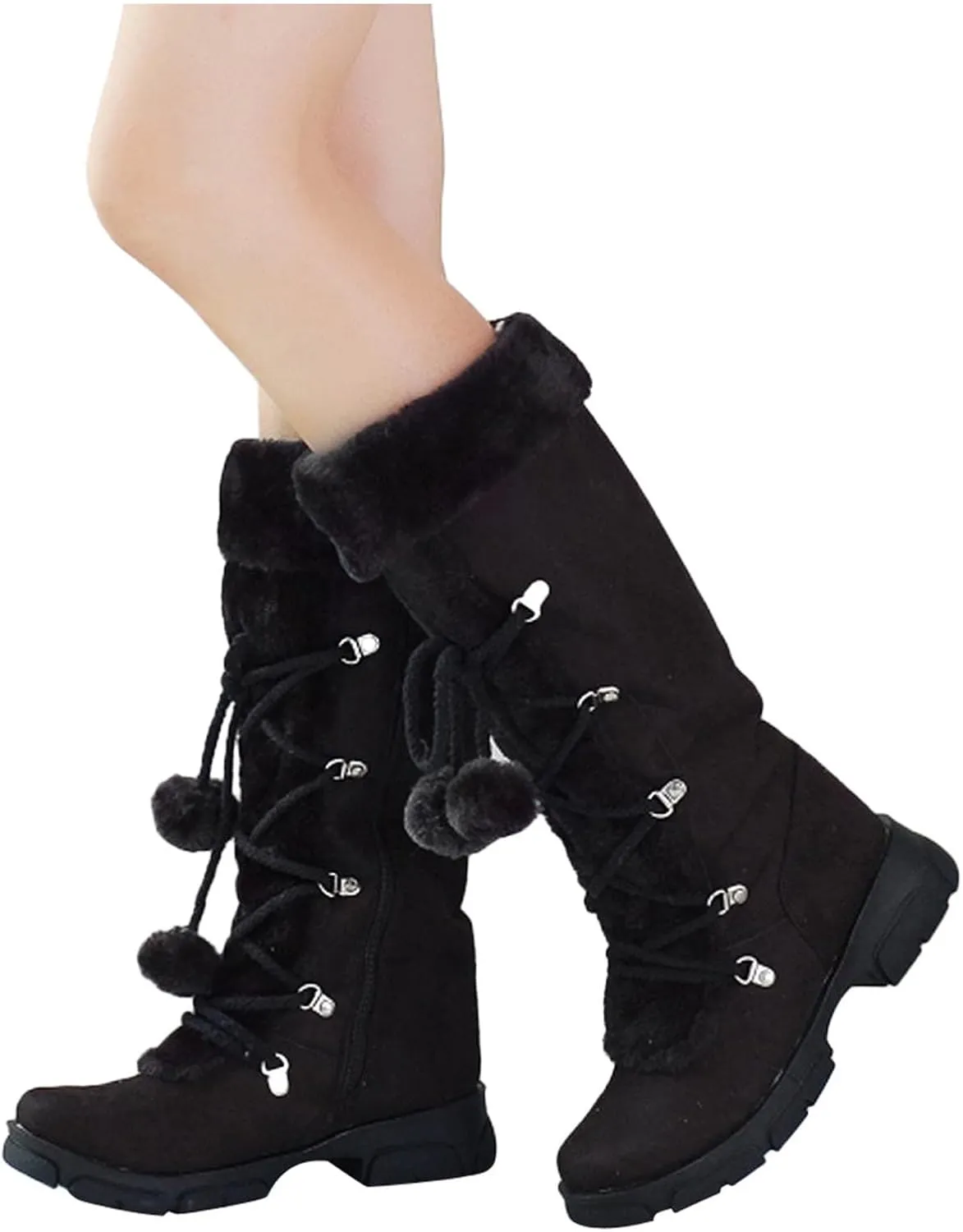 Snow Boots for Women, Mid Calf Warm Insulated Faux Fur Lined Waterproof Lace Up Snow Boots Warm Fur Lined Winter Water-Resistan Ankle Booties Zipper Anti-Slip Boots