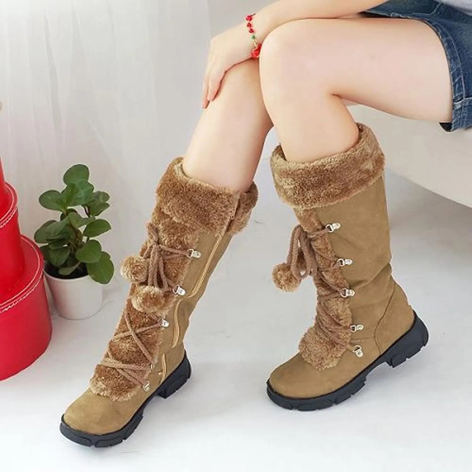 Snow Boots for Women, Mid Calf Warm Insulated Faux Fur Lined Waterproof Lace Up Snow Boots Warm Fur Lined Winter Water-Resistan Ankle Booties Zipper Anti-Slip Boots