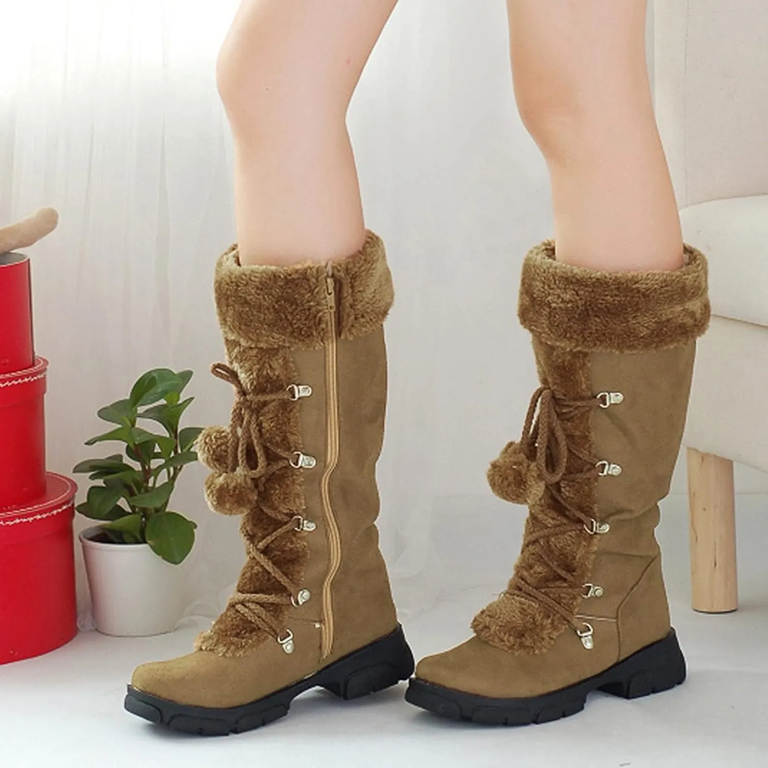 Snow Boots for Women, Mid Calf Warm Insulated Faux Fur Lined Waterproof Lace Up Snow Boots Warm Fur Lined Winter Water-Resistan Ankle Booties Zipper Anti-Slip Boots
