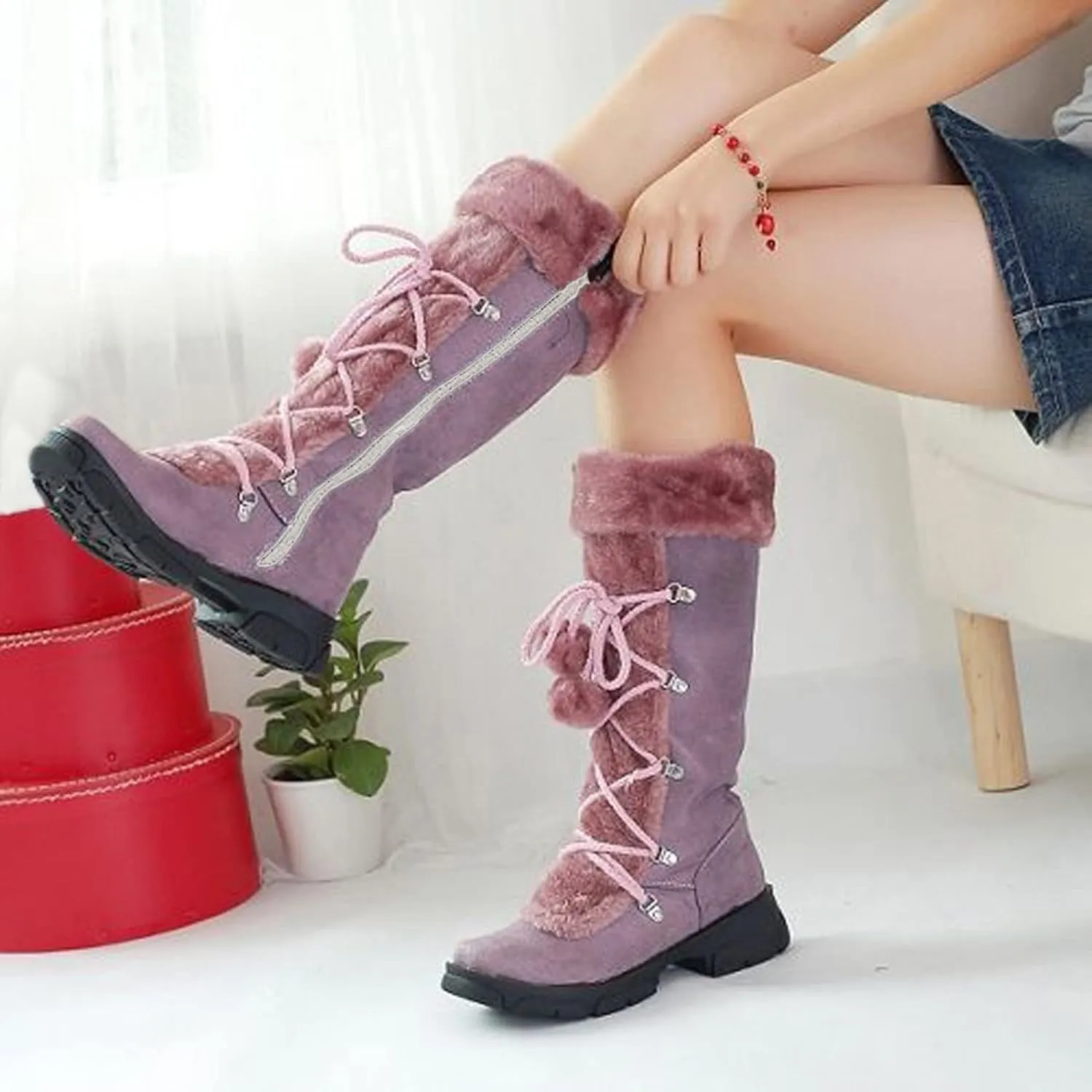 Snow Boots for Women, Mid Calf Warm Insulated Faux Fur Lined Waterproof Lace Up Snow Boots Warm Fur Lined Winter Water-Resistan Ankle Booties Zipper Anti-Slip Boots