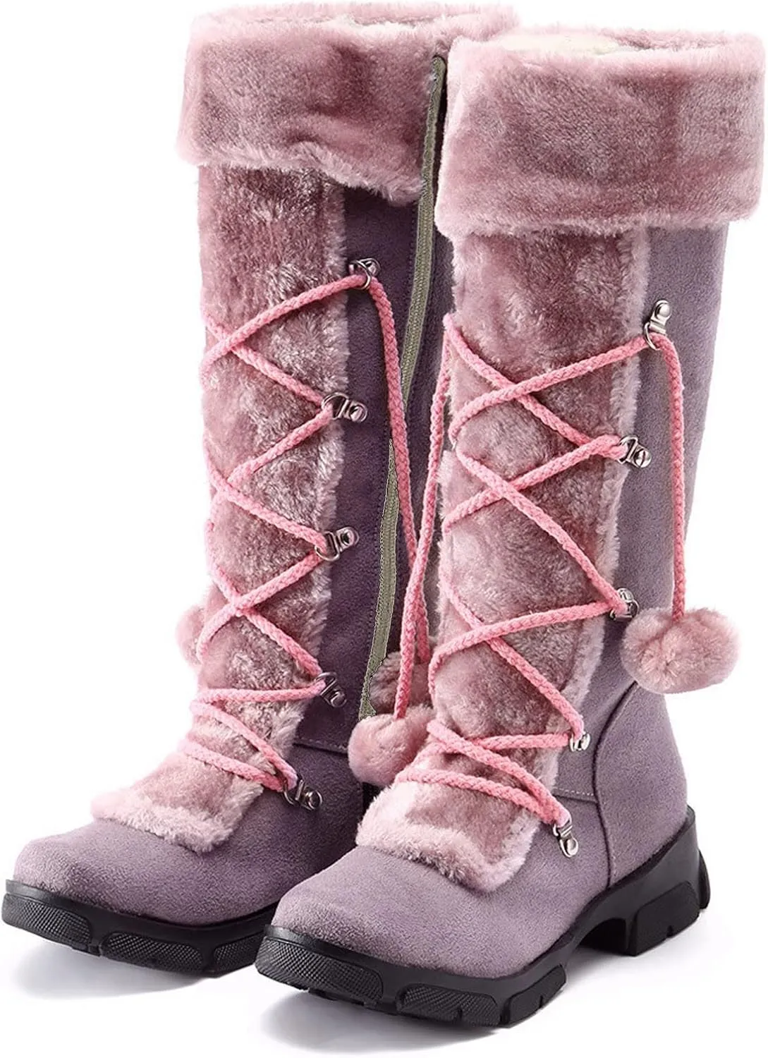 Snow Boots for Women, Mid Calf Warm Insulated Faux Fur Lined Waterproof Lace Up Snow Boots Warm Fur Lined Winter Water-Resistan Ankle Booties Zipper Anti-Slip Boots