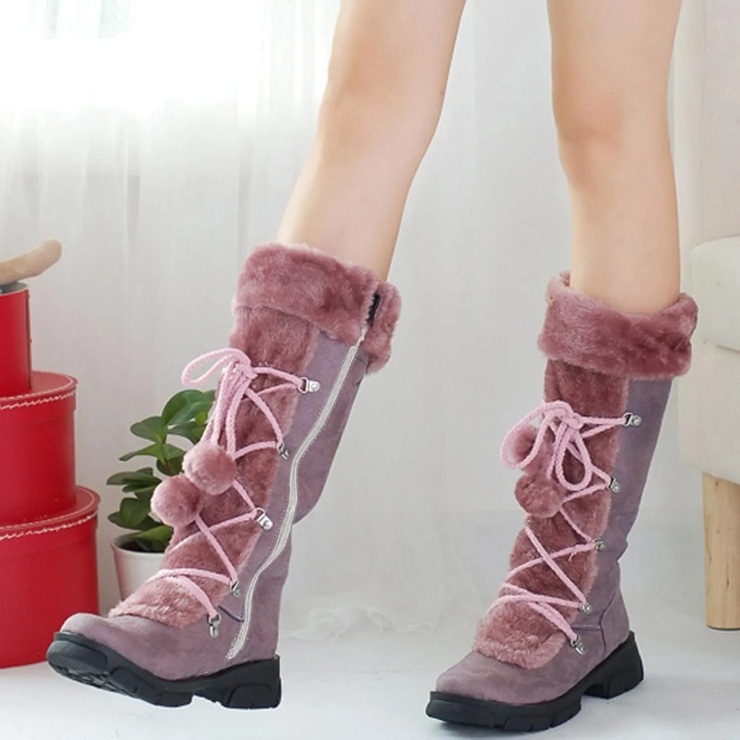 Snow Boots for Women, Mid Calf Warm Insulated Faux Fur Lined Waterproof Lace Up Snow Boots Warm Fur Lined Winter Water-Resistan Ankle Booties Zipper Anti-Slip Boots