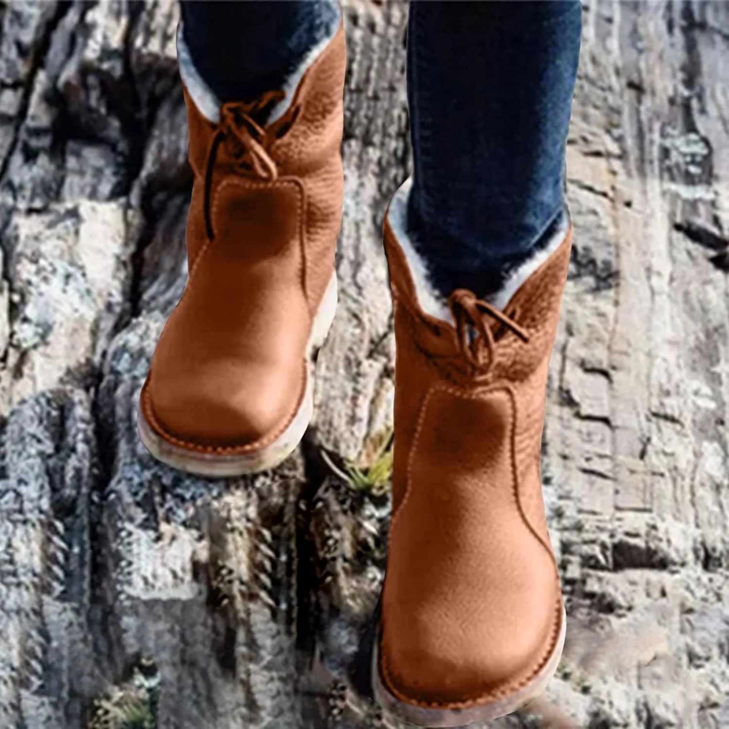 Snow Boots for Women Mid Calf,Warm Fur Lined Winter Boots Casual Lace Up Wide Calf Boots Waterproof Leather Boots