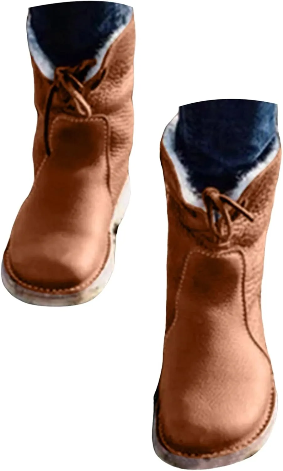 Snow Boots for Women Mid Calf,Warm Fur Lined Winter Boots Casual Lace Up Wide Calf Boots Waterproof Leather Boots