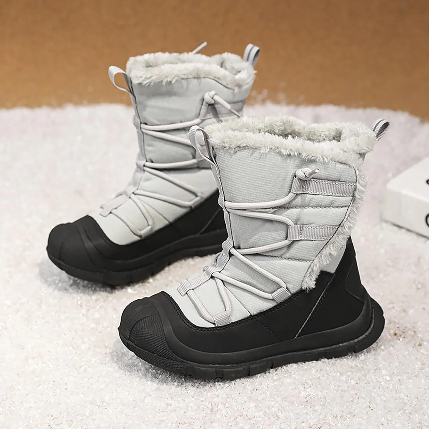 Snow Boots Kids Cozy Faux Fu Anti-Slip Snow Boots Lac Up Booties For Cold Weather Black Lac Up Boots For Girls