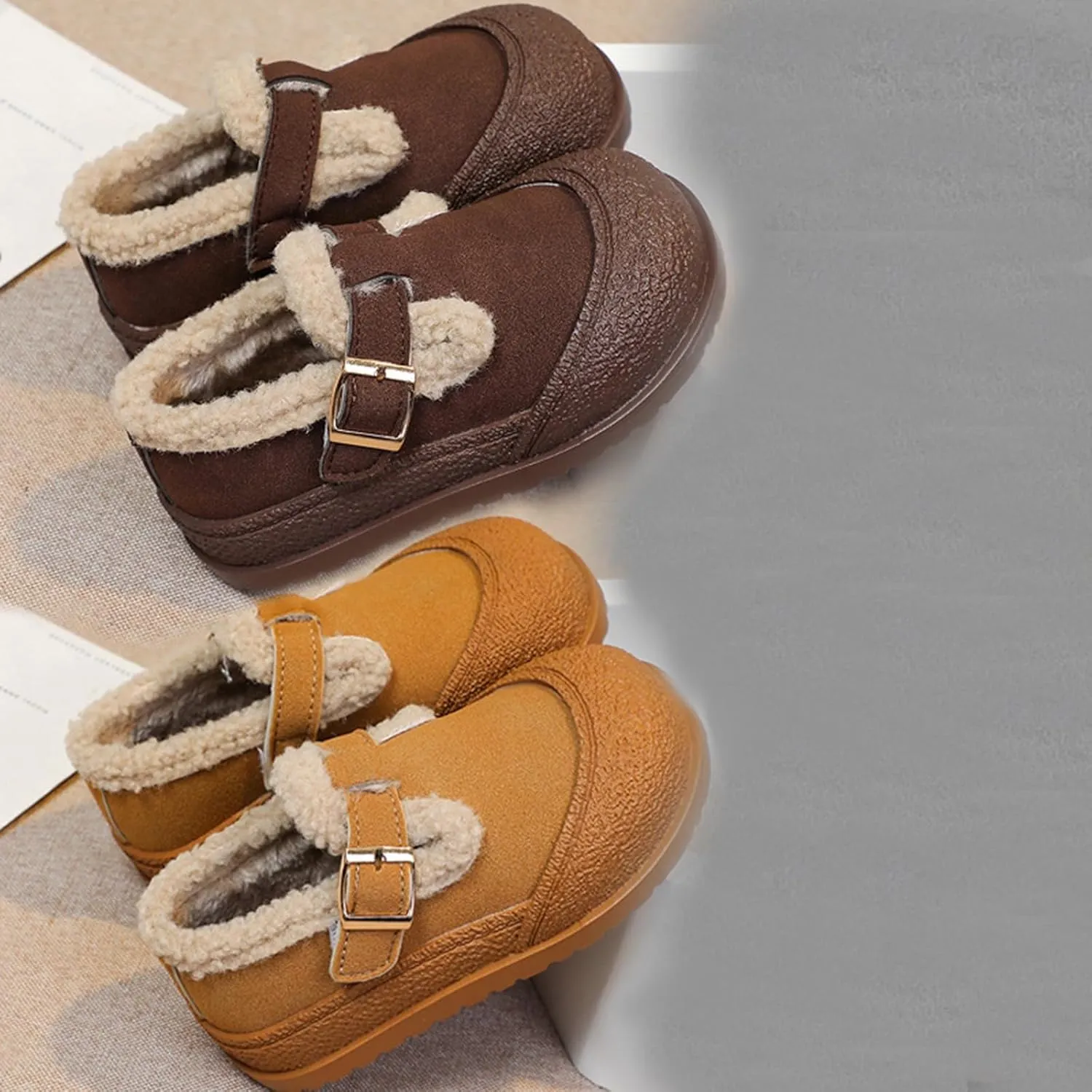 Snow Sneakers for Boys Girls, Suede Platform Warm Fr Lined Fashion Slip-on Comfortable Winter Flat Ankle Shoes