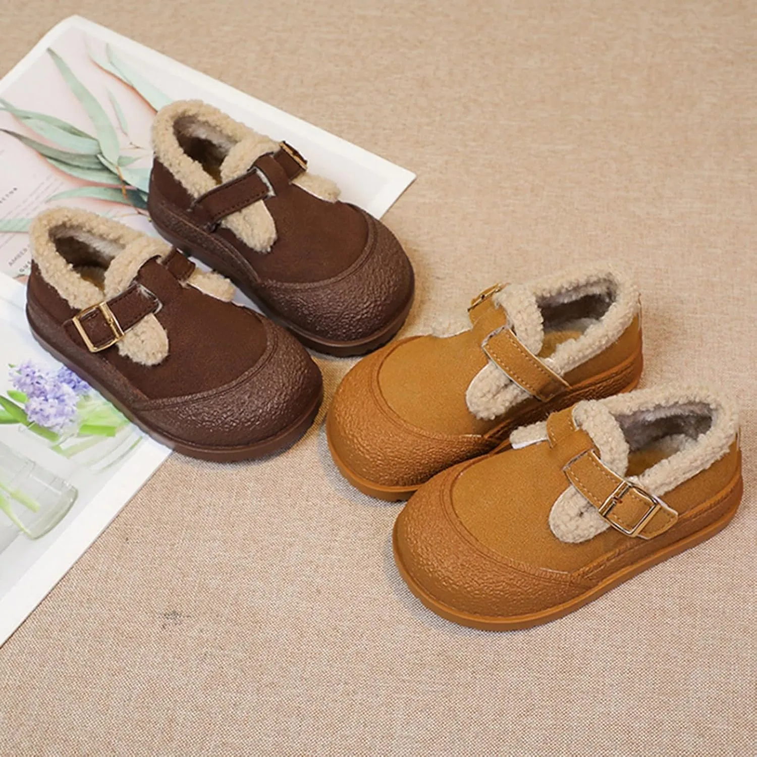 Snow Sneakers for Boys Girls, Suede Platform Warm Fr Lined Fashion Slip-on Comfortable Winter Flat Ankle Shoes