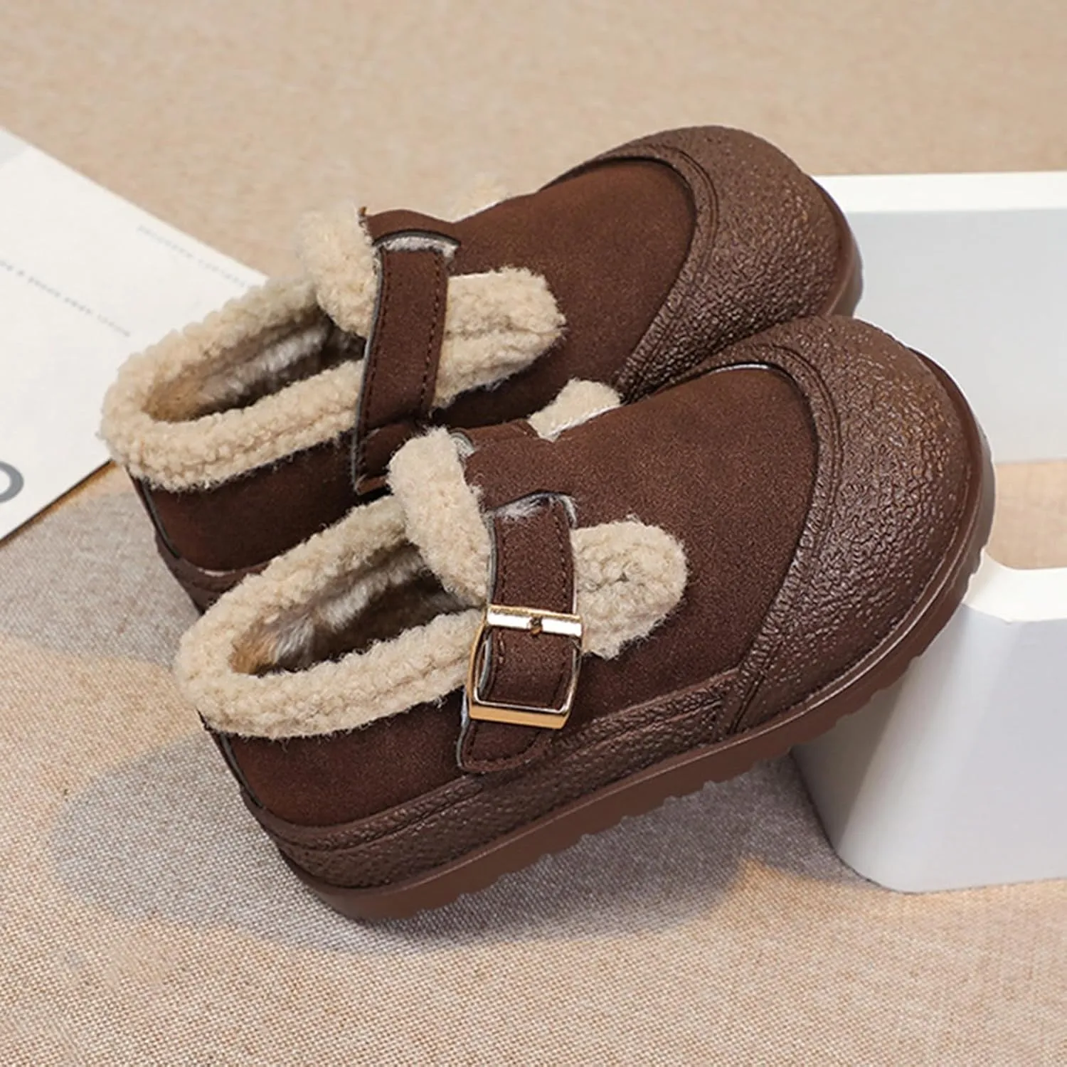 Snow Sneakers for Boys Girls, Suede Platform Warm Fr Lined Fashion Slip-on Comfortable Winter Flat Ankle Shoes