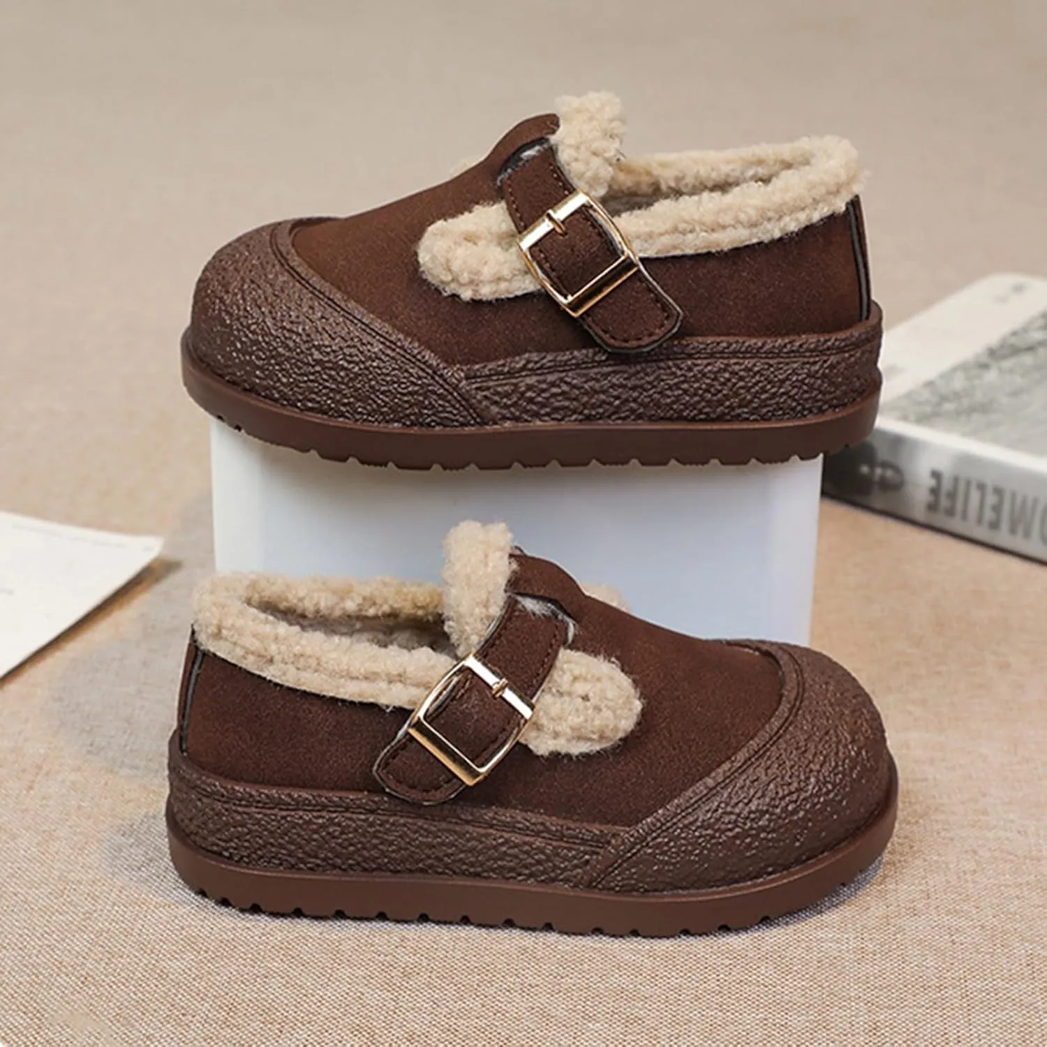 Snow Sneakers for Boys Girls, Suede Platform Warm Fr Lined Fashion Slip-on Comfortable Winter Flat Ankle Shoes