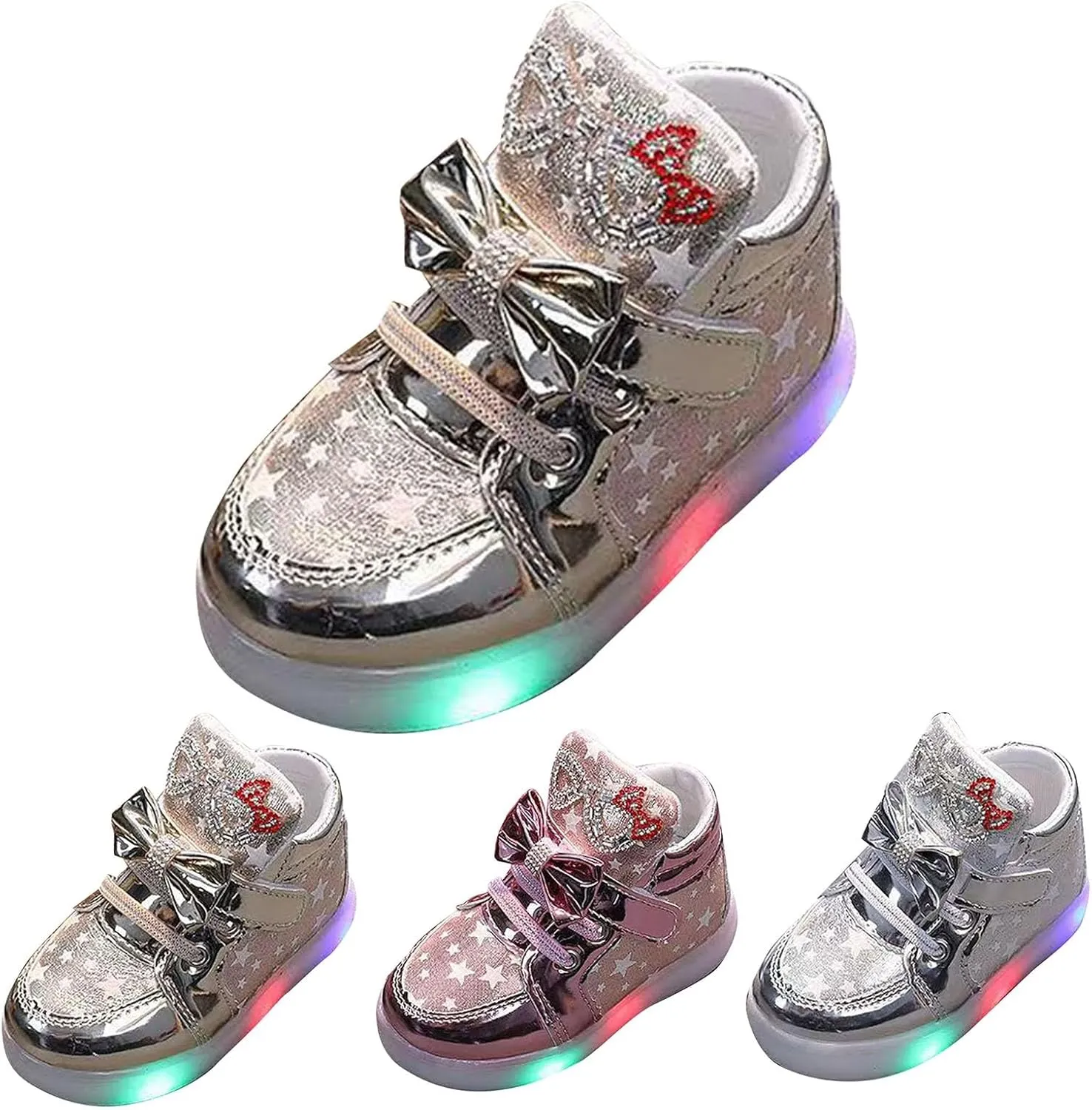 Toddler Flat Lights up Sneakers Gold Hook Loop Glitter First Walking Sport Shoes Baby Infant Newborn Slip On Casual Shoes