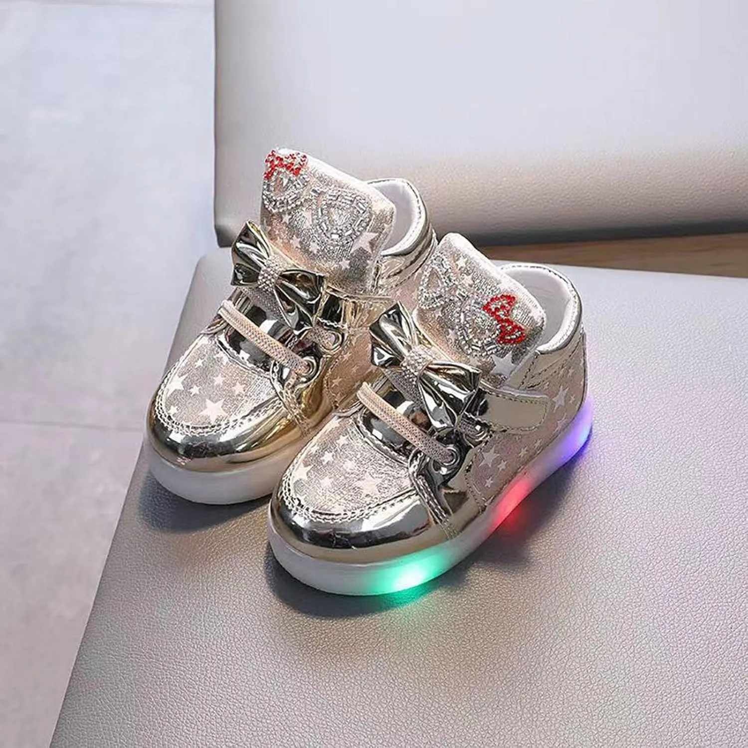 Toddler Flat Lights up Sneakers Gold Hook Loop Glitter First Walking Sport Shoes Baby Infant Newborn Slip On Casual Shoes