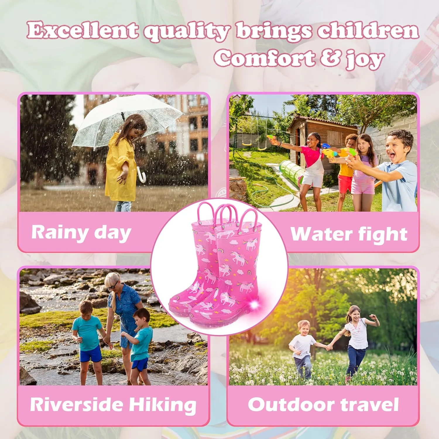 Toddler Light Up Rain Boots for Girls Boys Waterproof Rain Boots with Handles Outdoors Kid Rain Boots