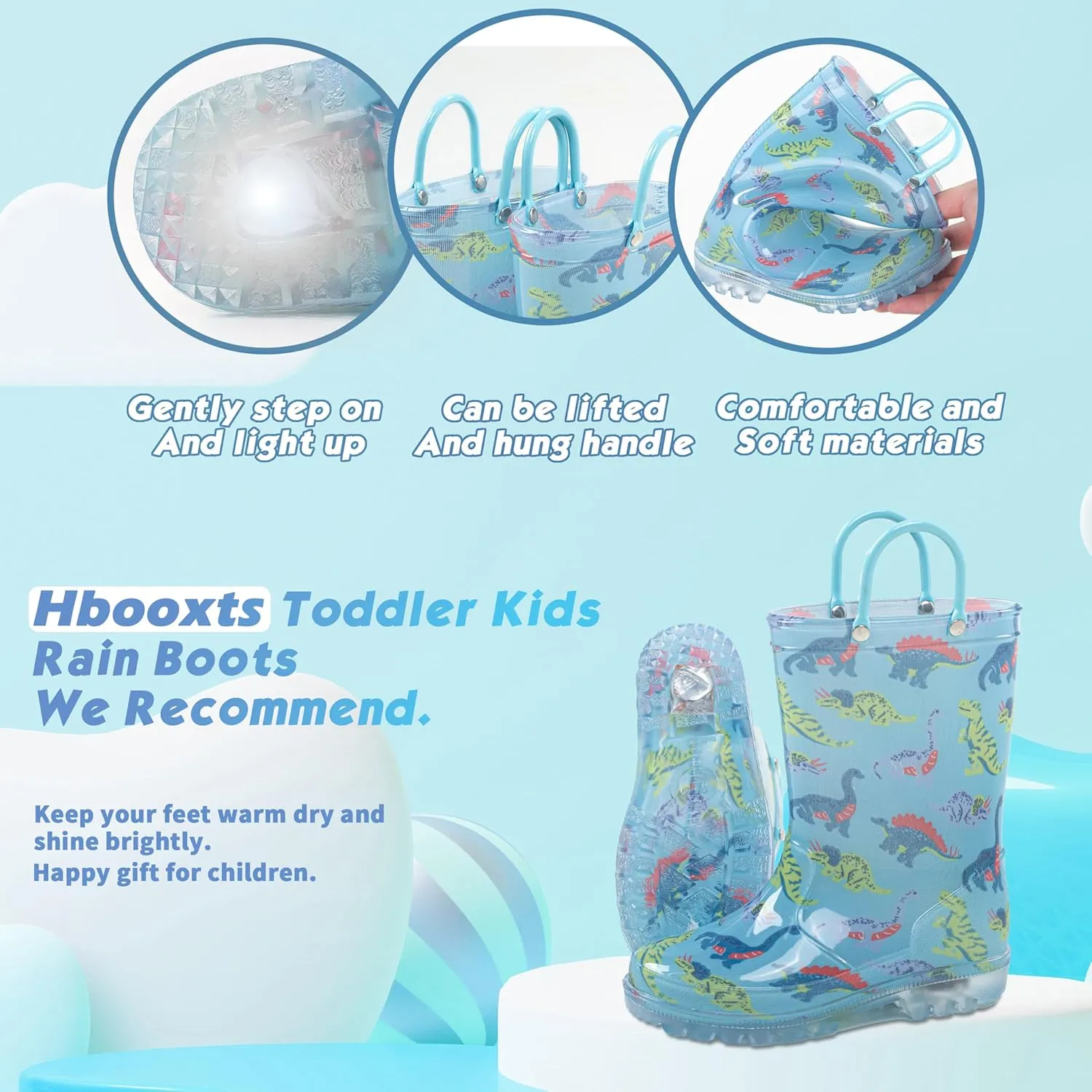 Toddler Light Up Rain Boots for Girls Boys Waterproof Rain Boots with Handles Outdoors Kid Rain Boots