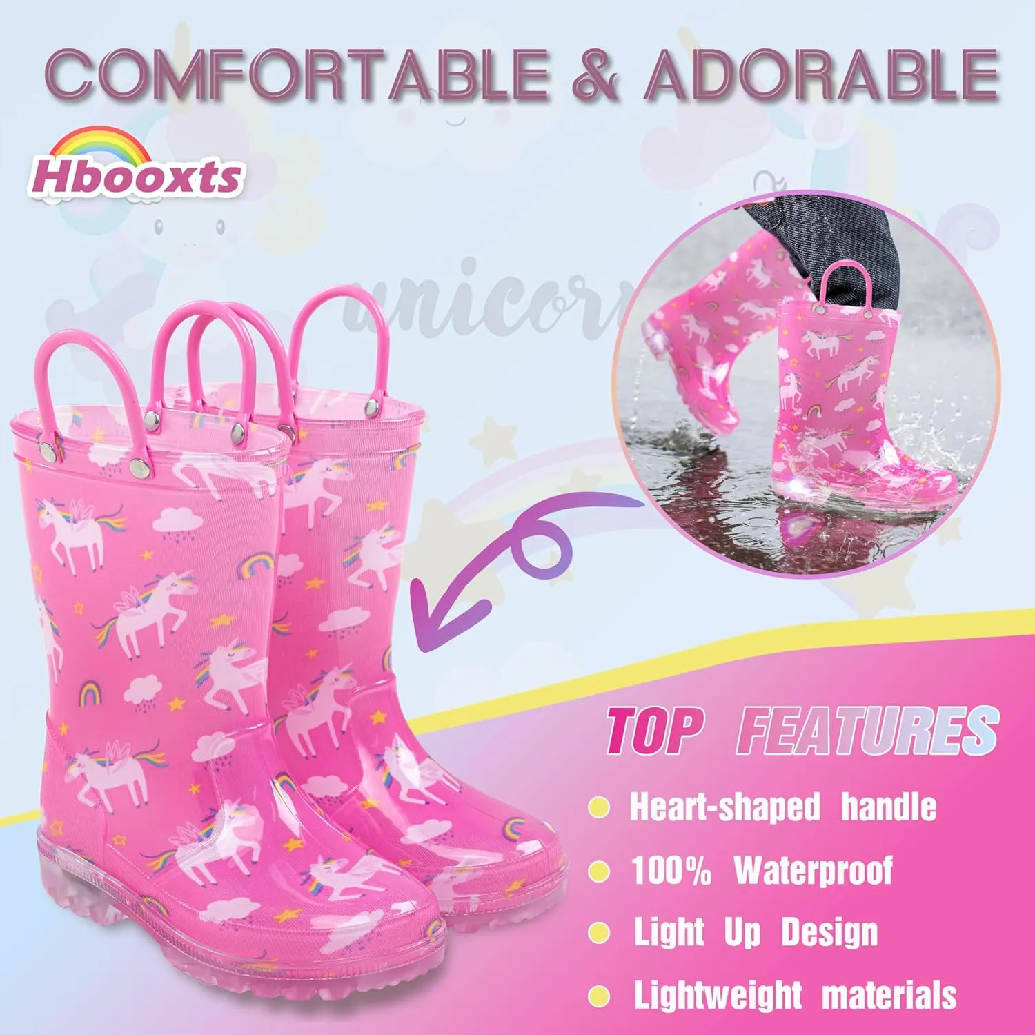 Toddler Light Up Rain Boots for Girls Boys Waterproof Rain Boots with Handles Outdoors Kid Rain Boots